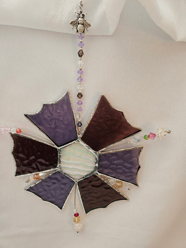 Stained  Glass - Art Deco Purple Flower w/ Beaded Embellishment